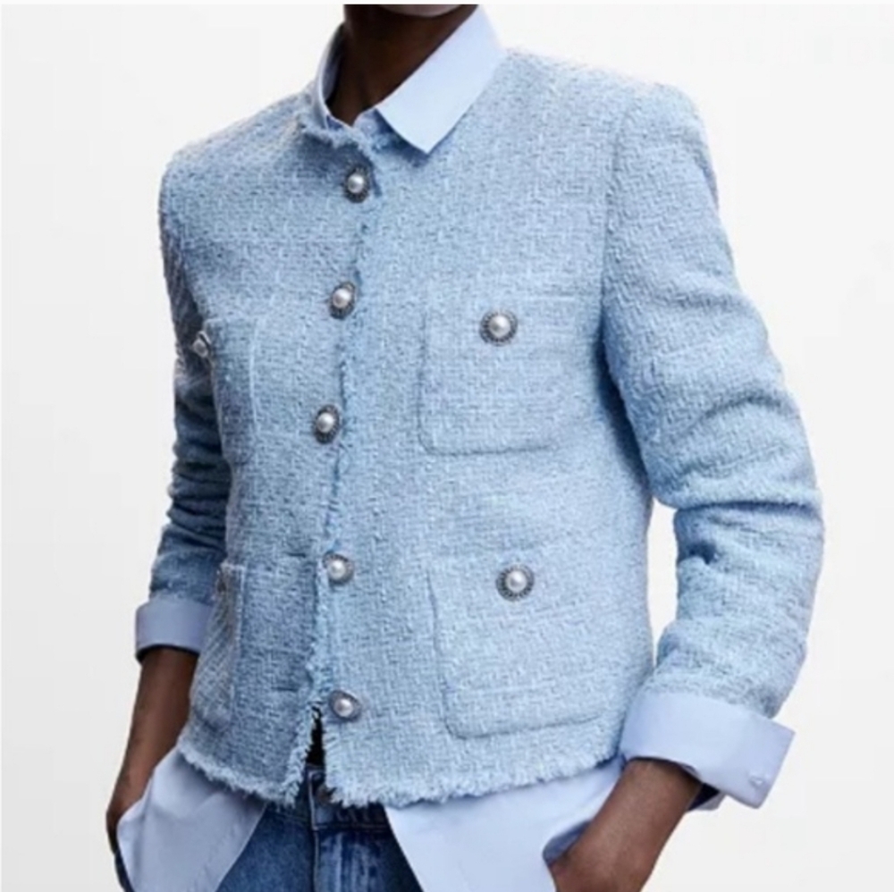 MANGO BLOGGER FAVE Blue Textured Tweed Classic Blazer Pearl Button Suit Jacket M - Picture 6 of 7